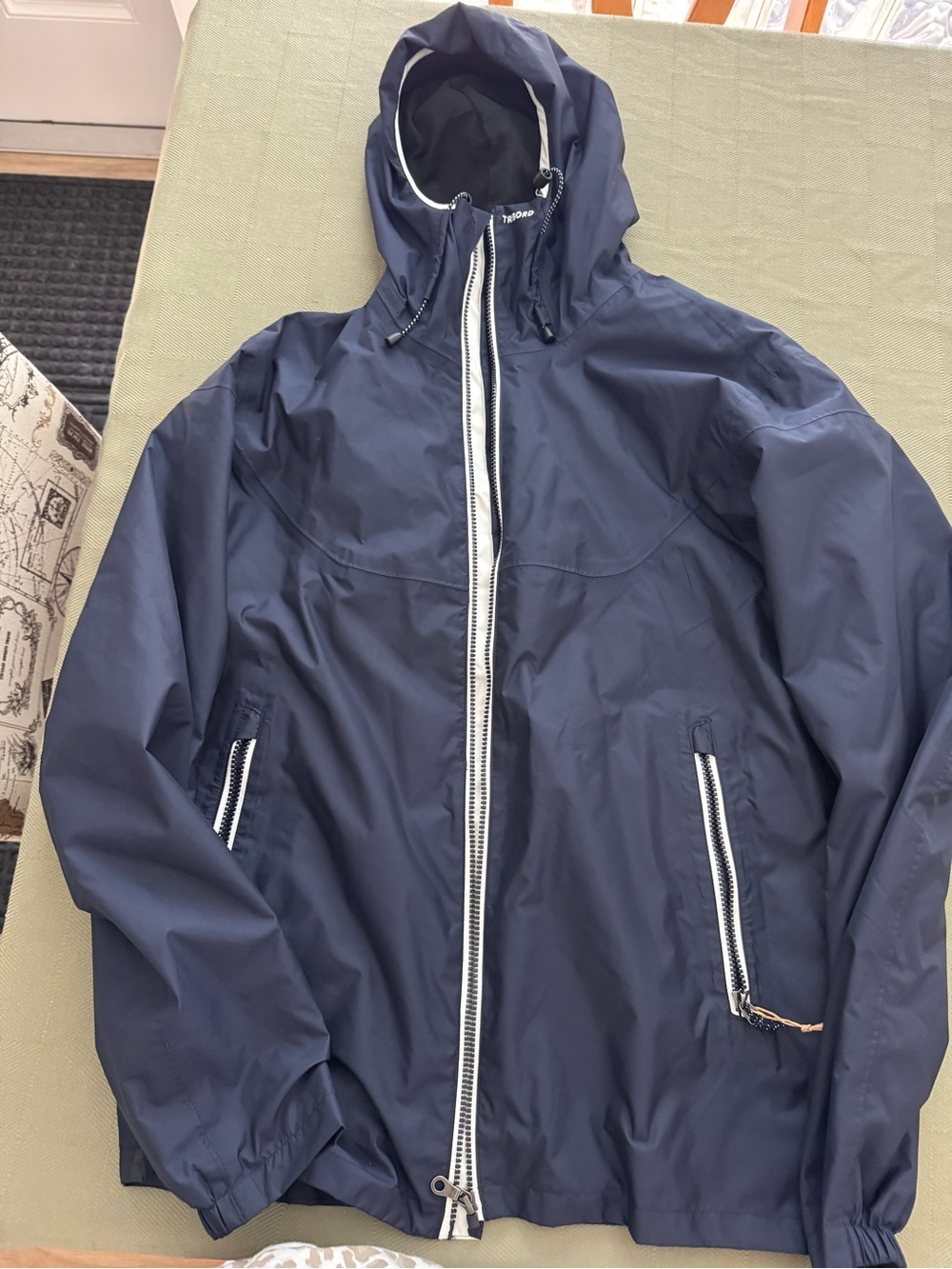 Women's Navy Hooded Raincoat with White Contrast Zippers